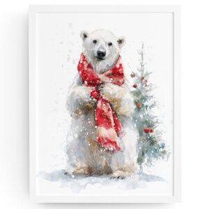Watercolor Polar Bear with Red Scarf Portrait Wall Art Print Poster, Unframed